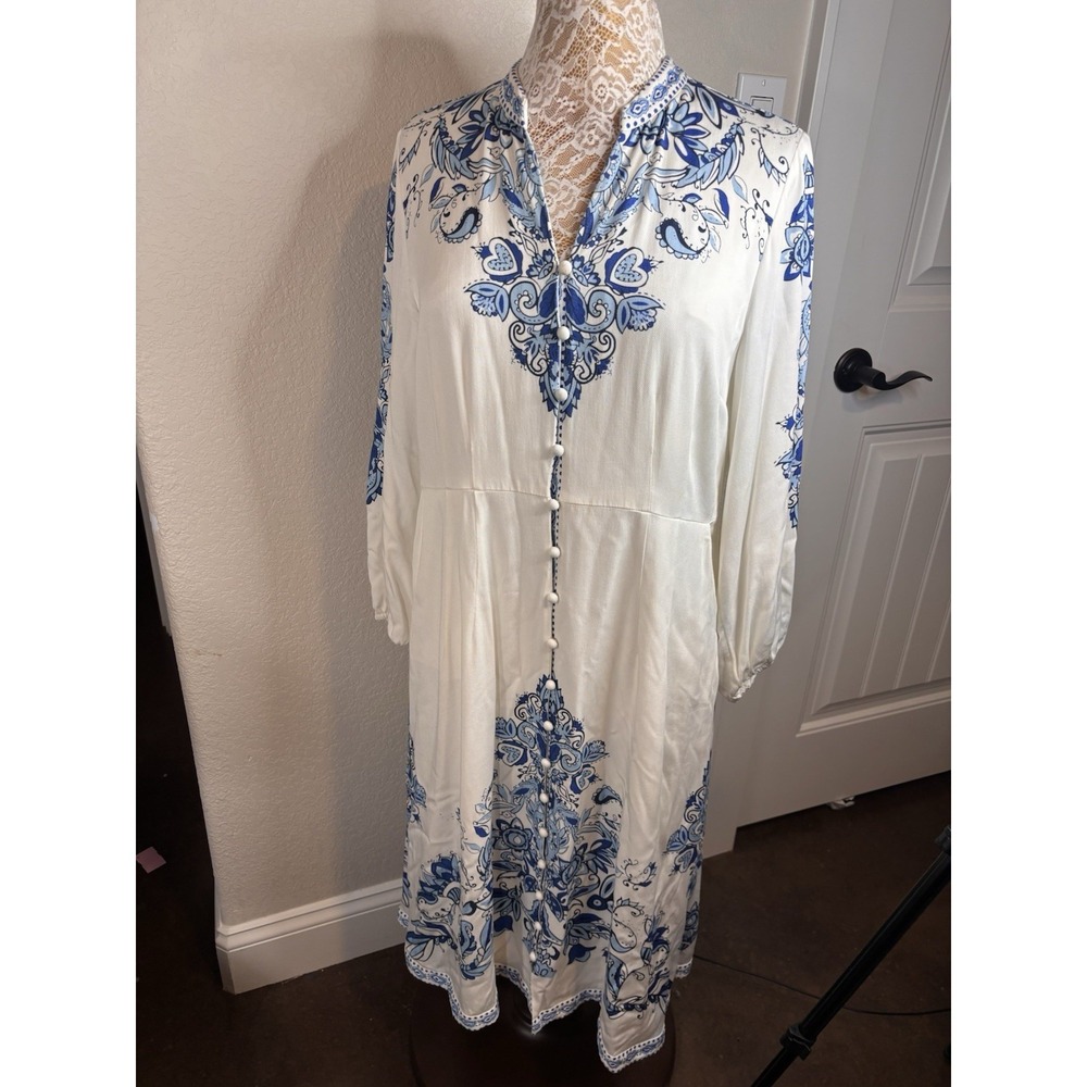 Soft Surroundings Louise Paisley Midi Dress Blue/White Coastal Boho Medium